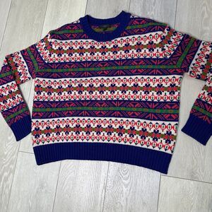 Lambs wool j crew multi color red green pattern pullover knit sweater size small